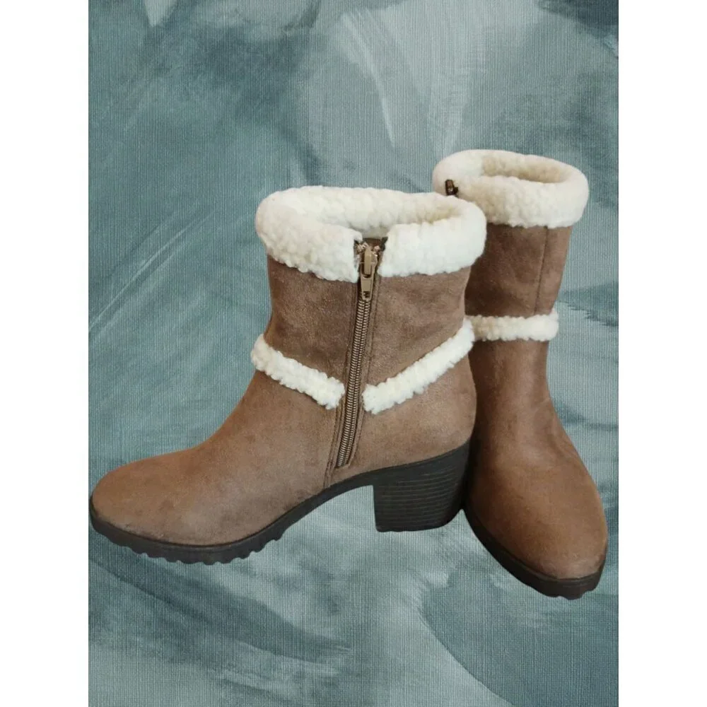 Olivia Miller Faux Sherpa Fur Lined Ankle Boots With Size 8 Brown Taupe Color